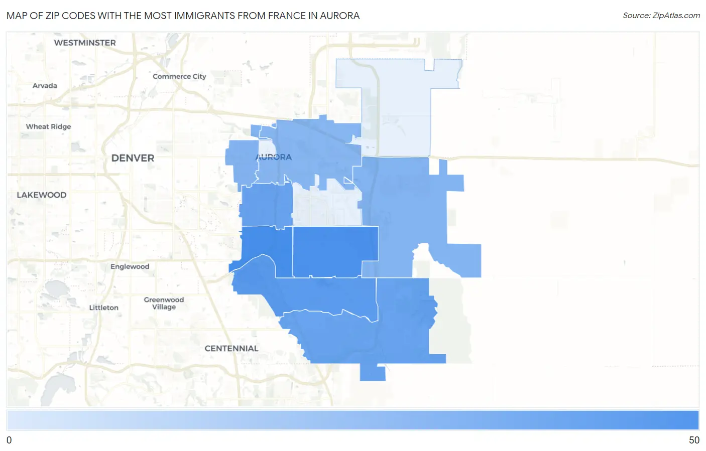 Zip Codes with the Most Immigrants from France in Aurora Map