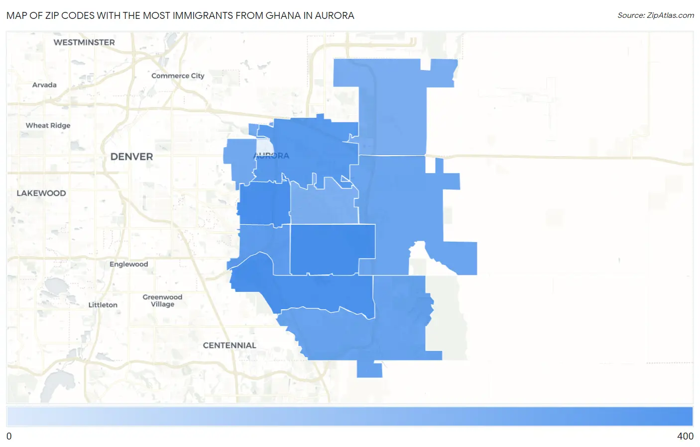 Zip Codes with the Most Immigrants from Ghana in Aurora Map