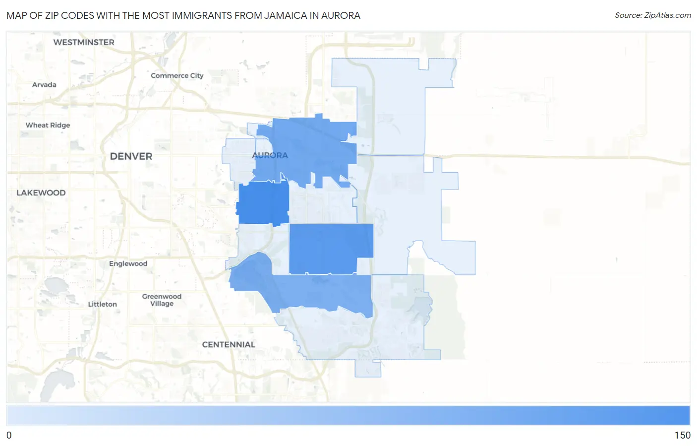 Zip Codes with the Most Immigrants from Jamaica in Aurora Map