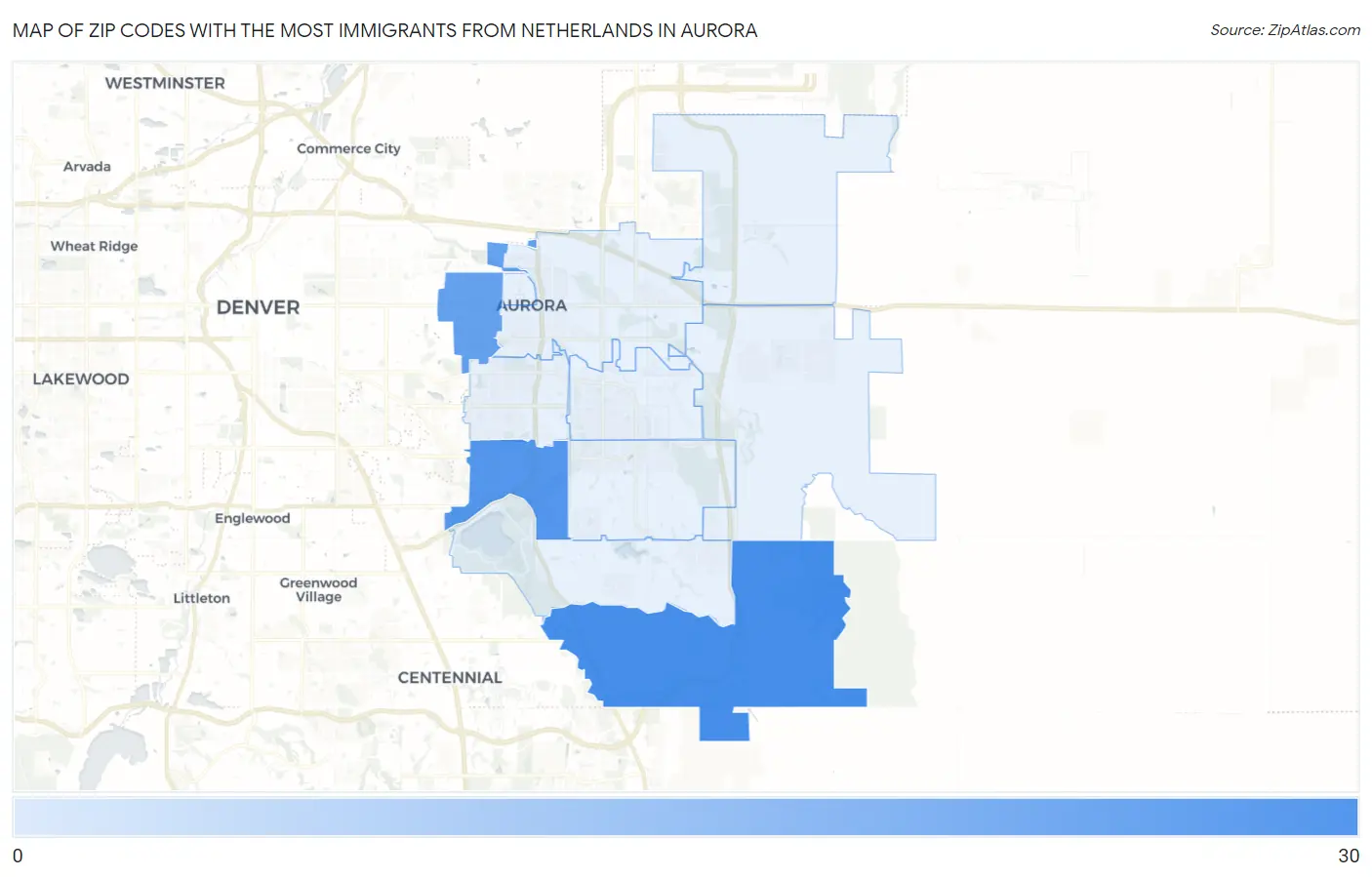 Zip Codes with the Most Immigrants from Netherlands in Aurora Map