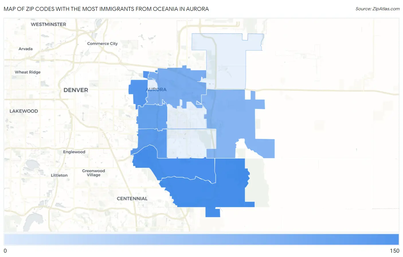 Zip Codes with the Most Immigrants from Oceania in Aurora Map