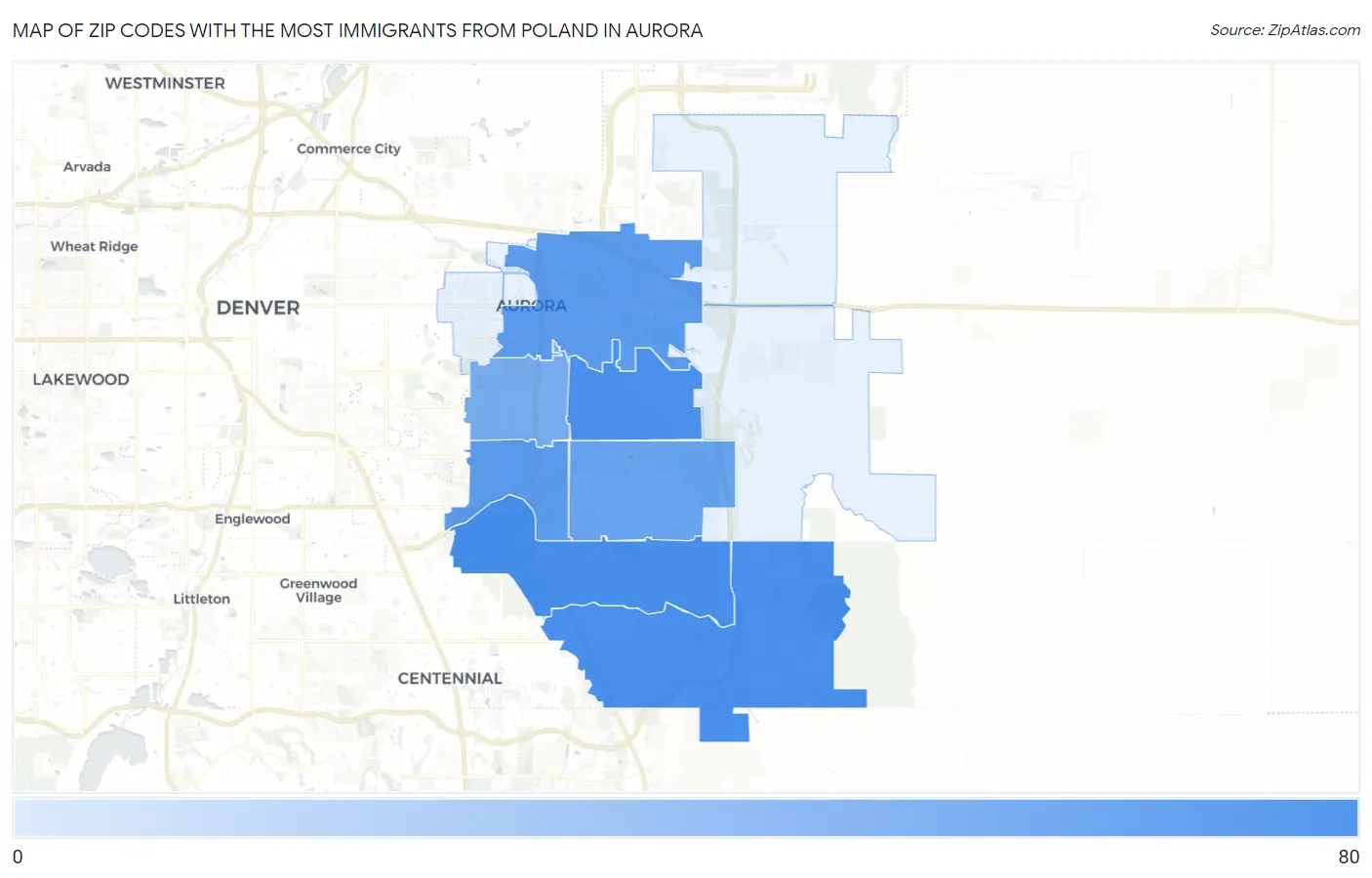 Zip Codes with the Most Immigrants from Poland in Aurora Map