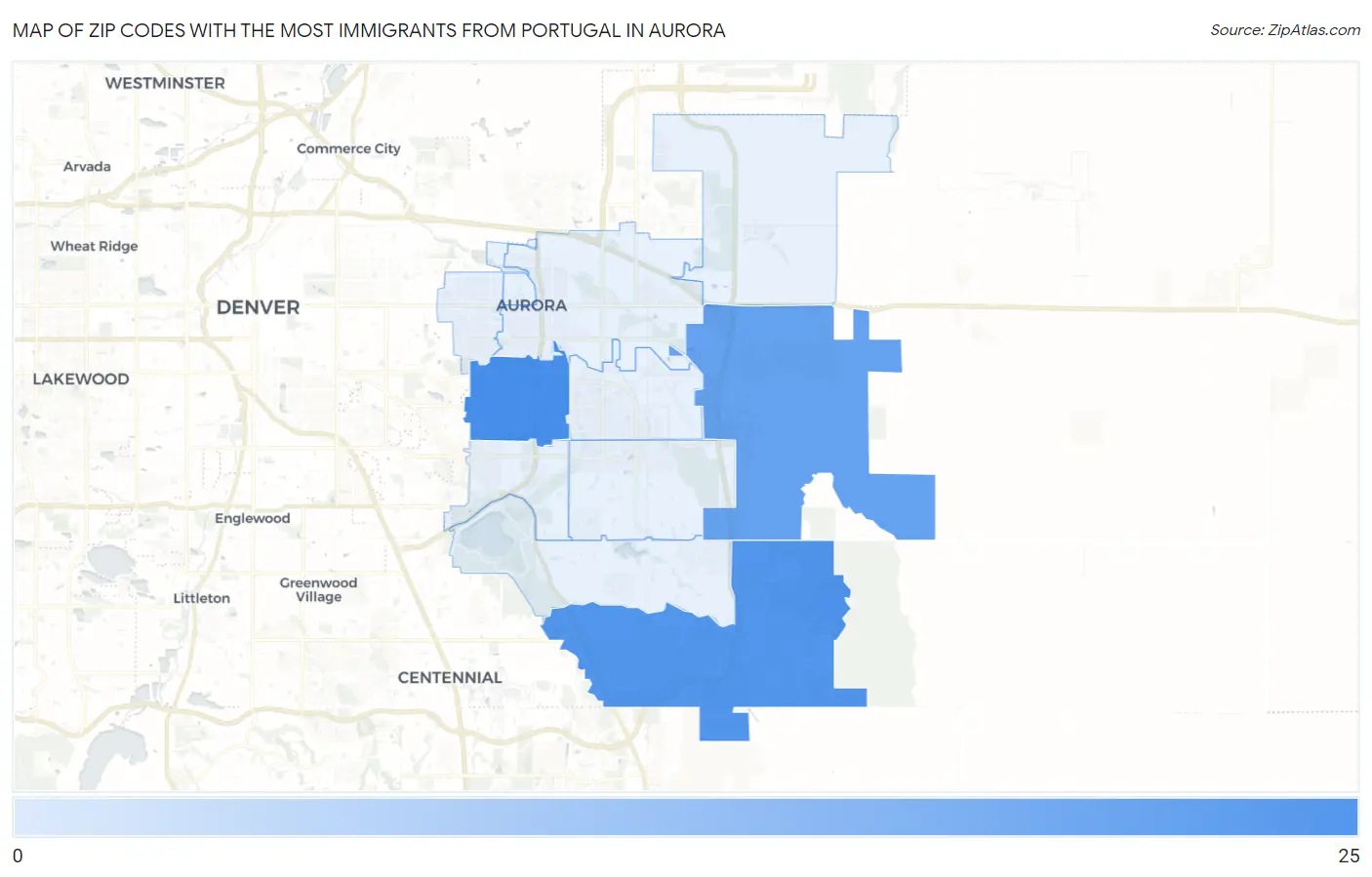 Zip Codes with the Most Immigrants from Portugal in Aurora Map