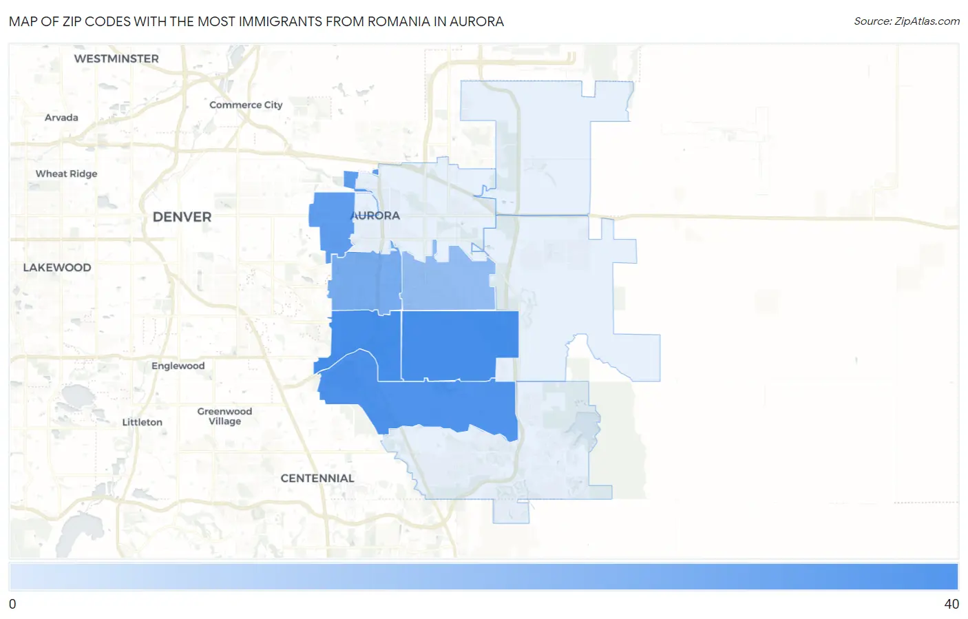 Zip Codes with the Most Immigrants from Romania in Aurora Map