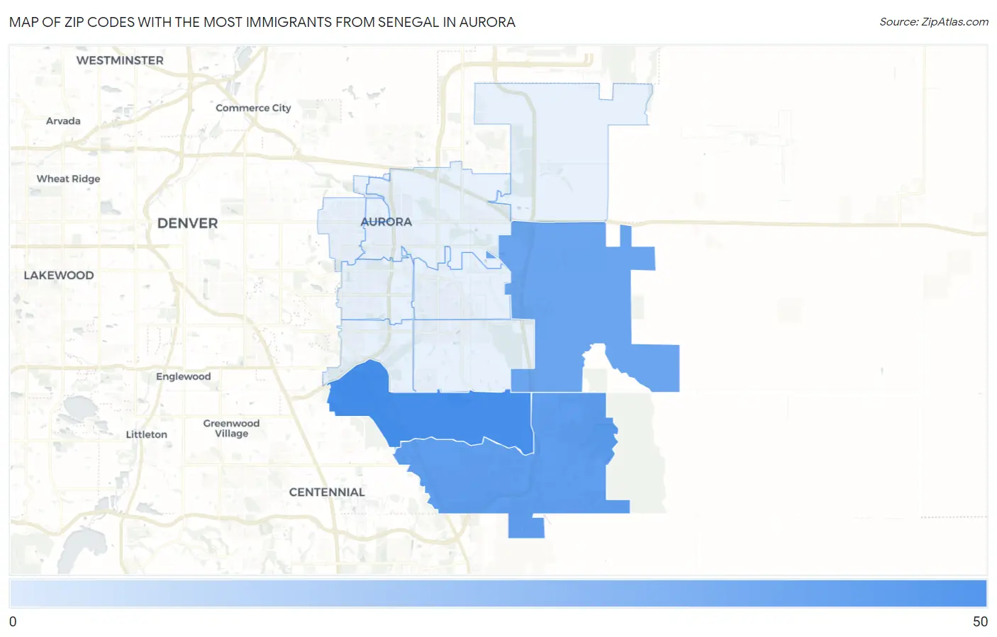 Zip Codes with the Most Immigrants from Senegal in Aurora Map