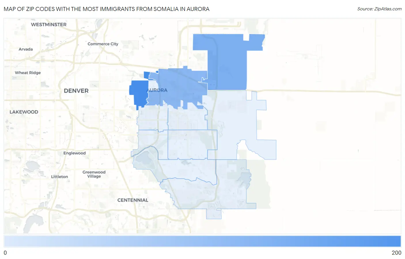 Zip Codes with the Most Immigrants from Somalia in Aurora Map