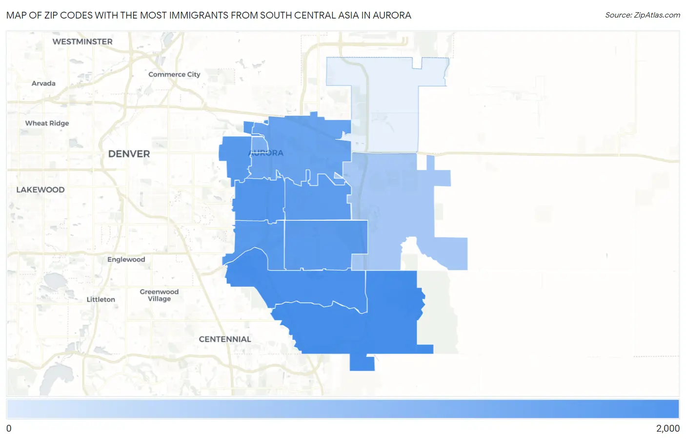 Zip Codes with the Most Immigrants from South Central Asia in Aurora Map