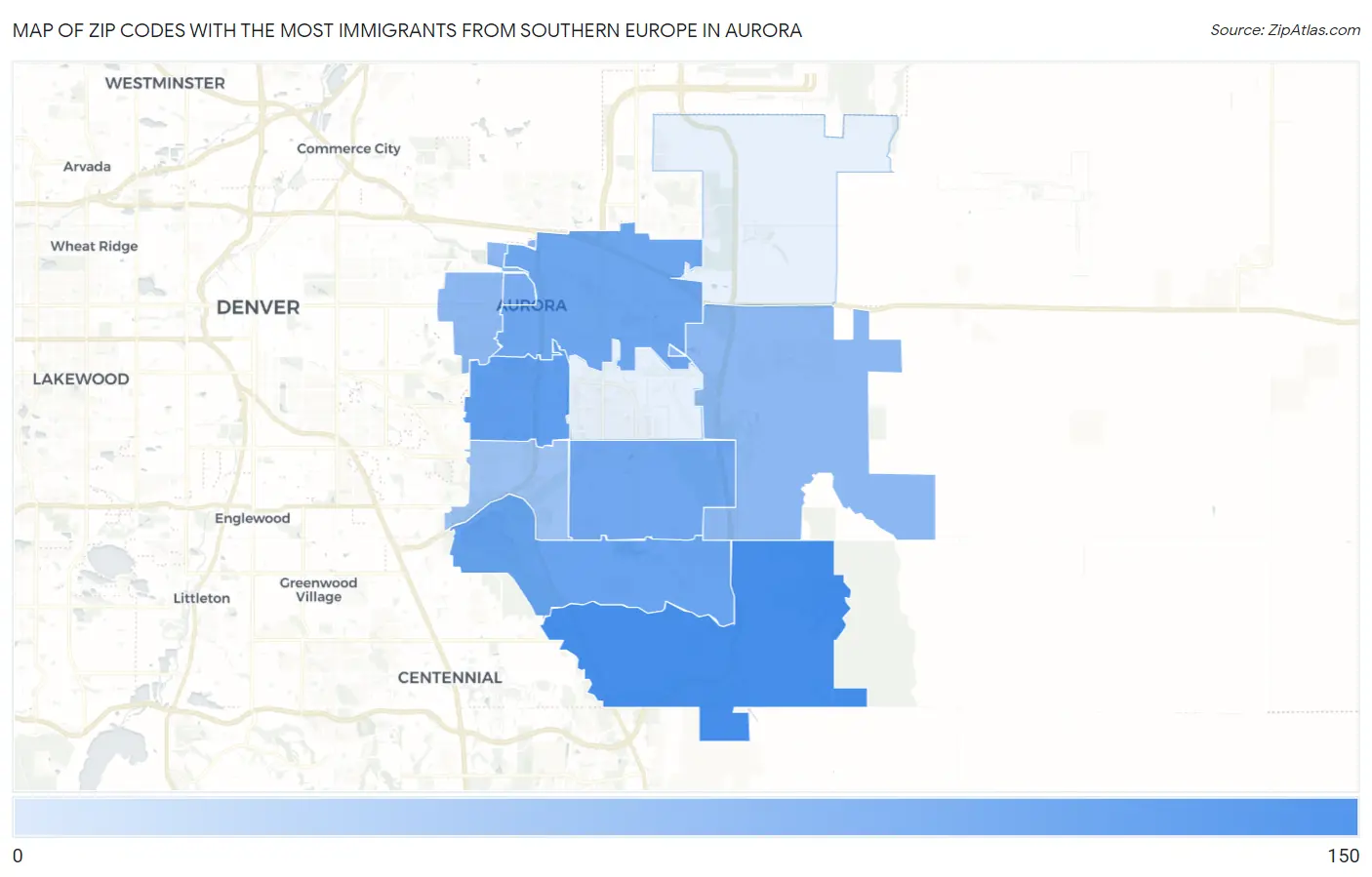 Zip Codes with the Most Immigrants from Southern Europe in Aurora Map