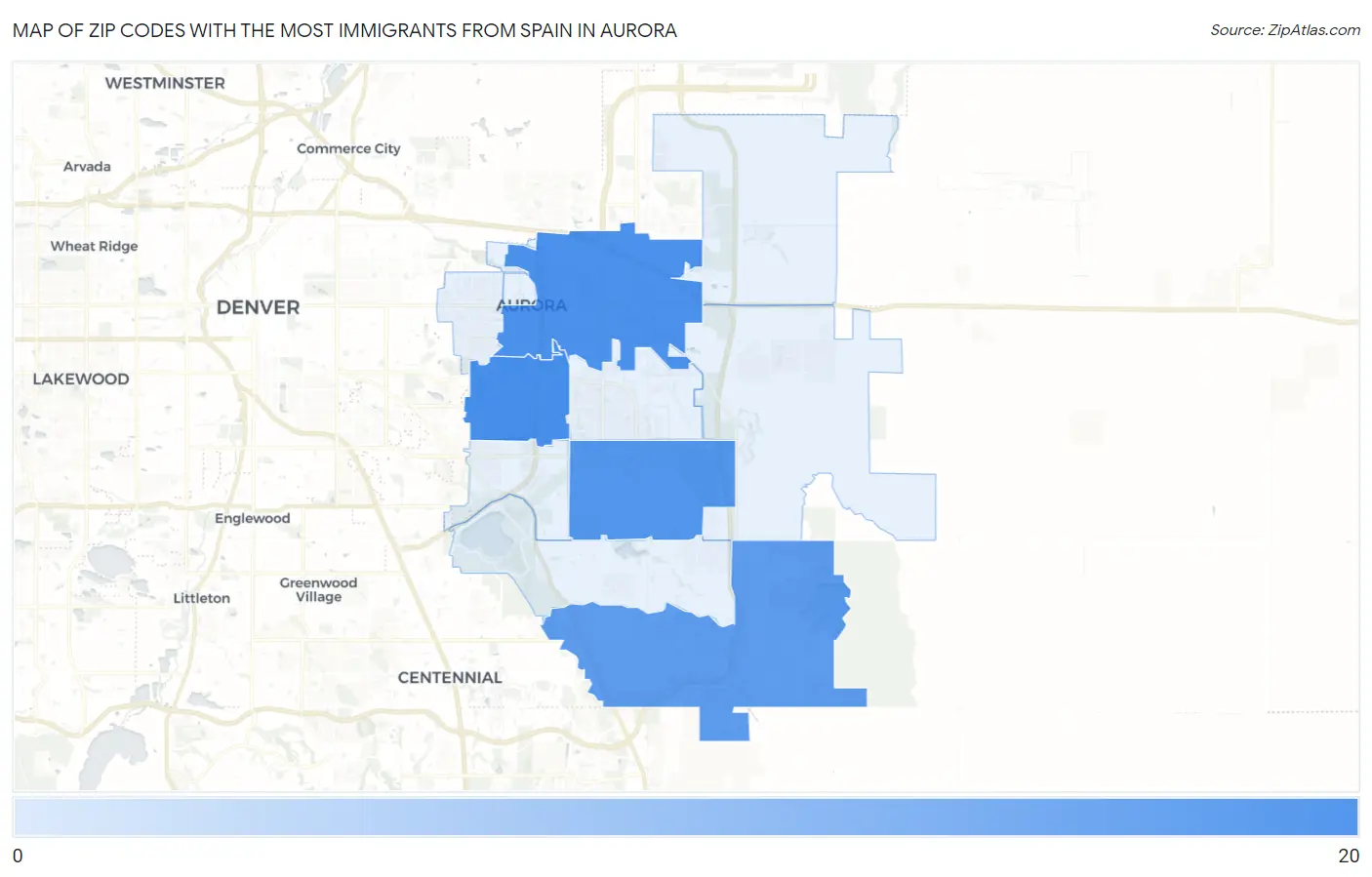 Zip Codes with the Most Immigrants from Spain in Aurora Map
