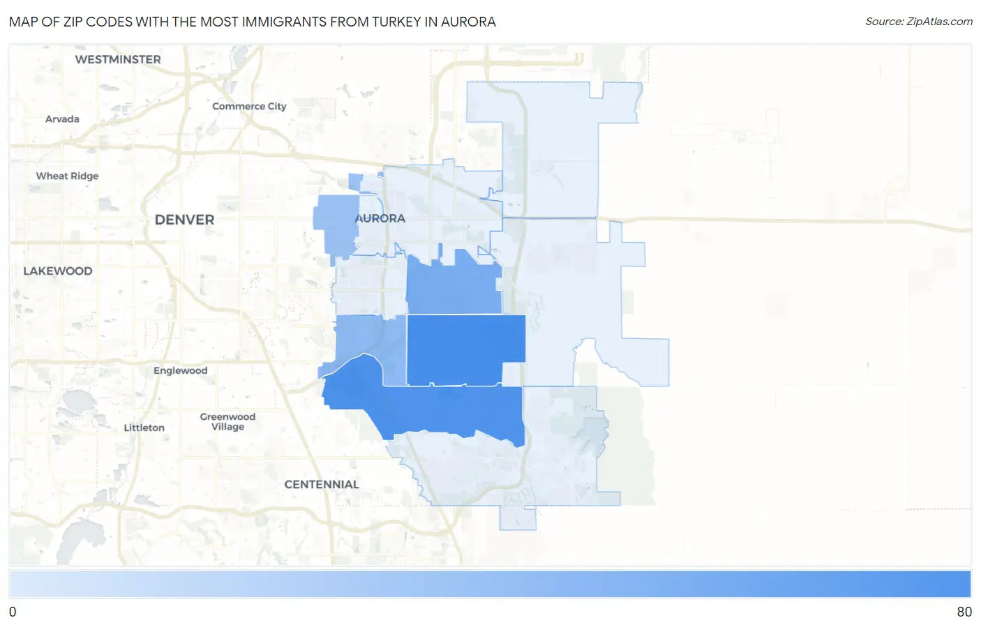 Zip Codes with the Most Immigrants from Turkey in Aurora Map