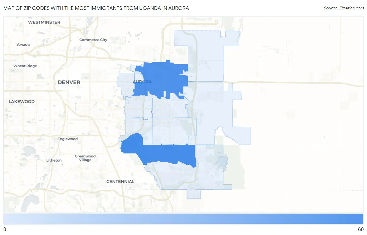 Zip Codes with the Most Immigrants from Uganda in Aurora Map