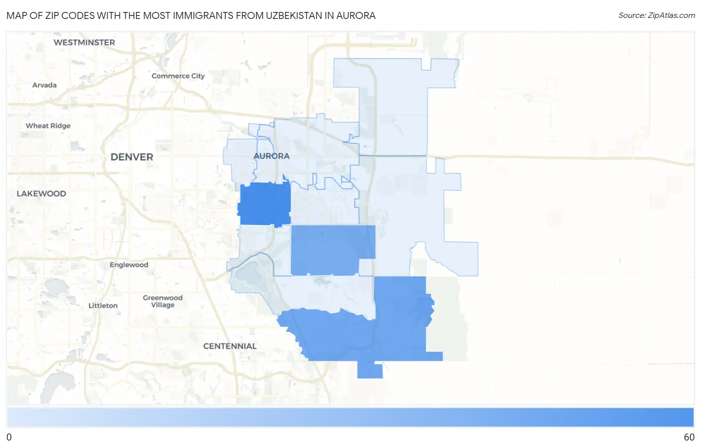 Zip Codes with the Most Immigrants from Uzbekistan in Aurora Map