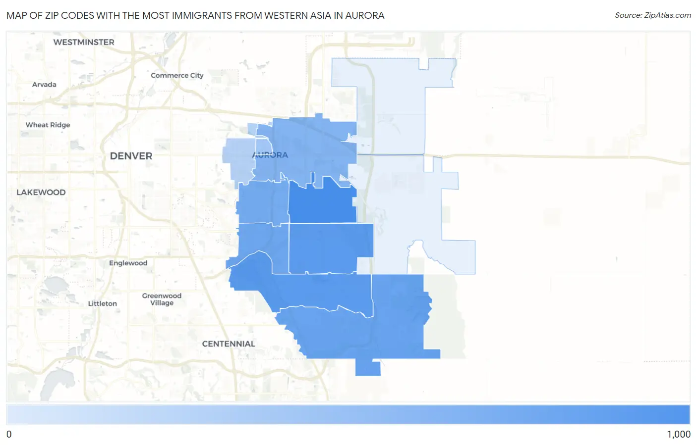 Zip Codes with the Most Immigrants from Western Asia in Aurora Map
