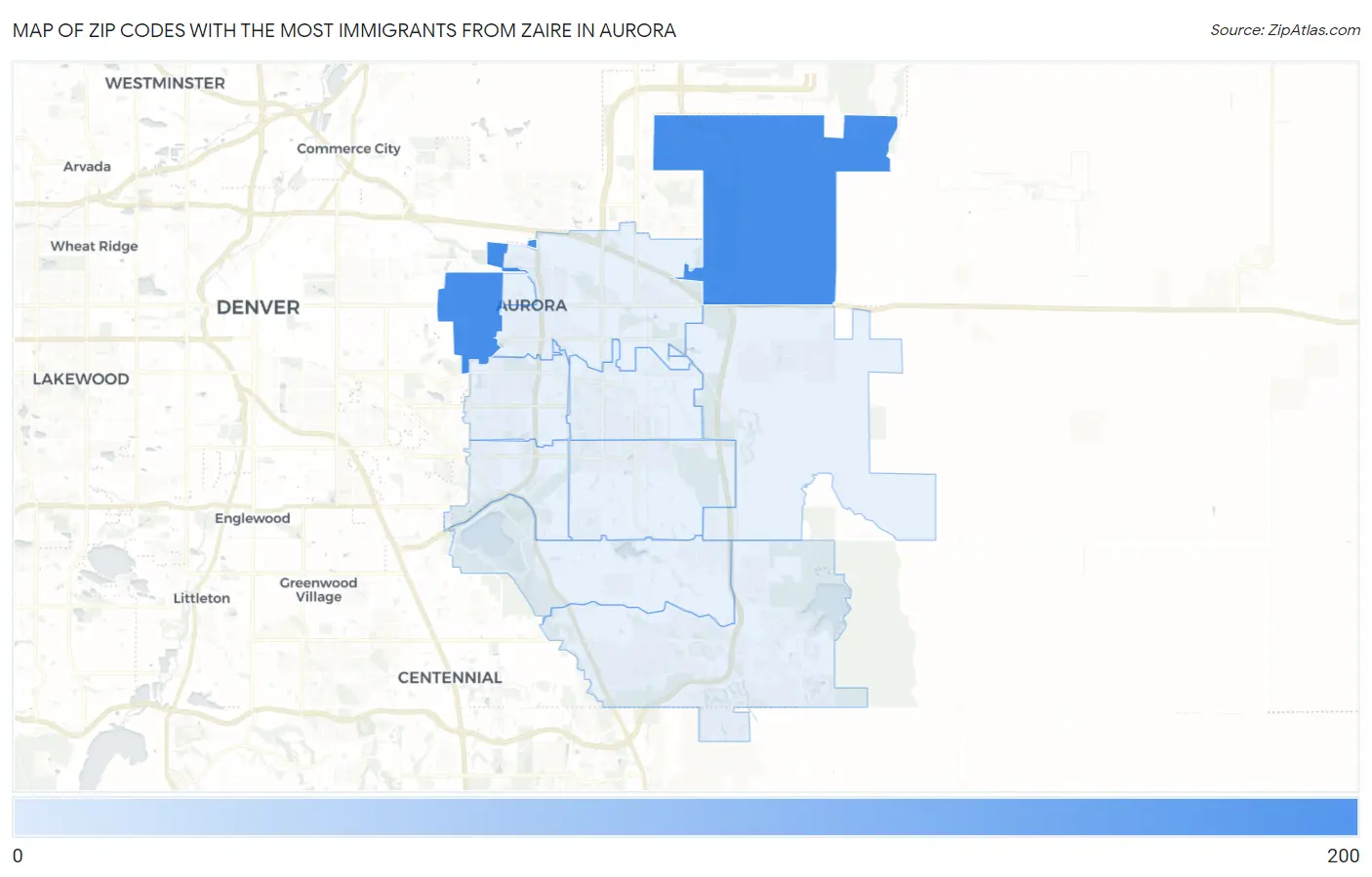 Zip Codes with the Most Immigrants from Zaire in Aurora Map