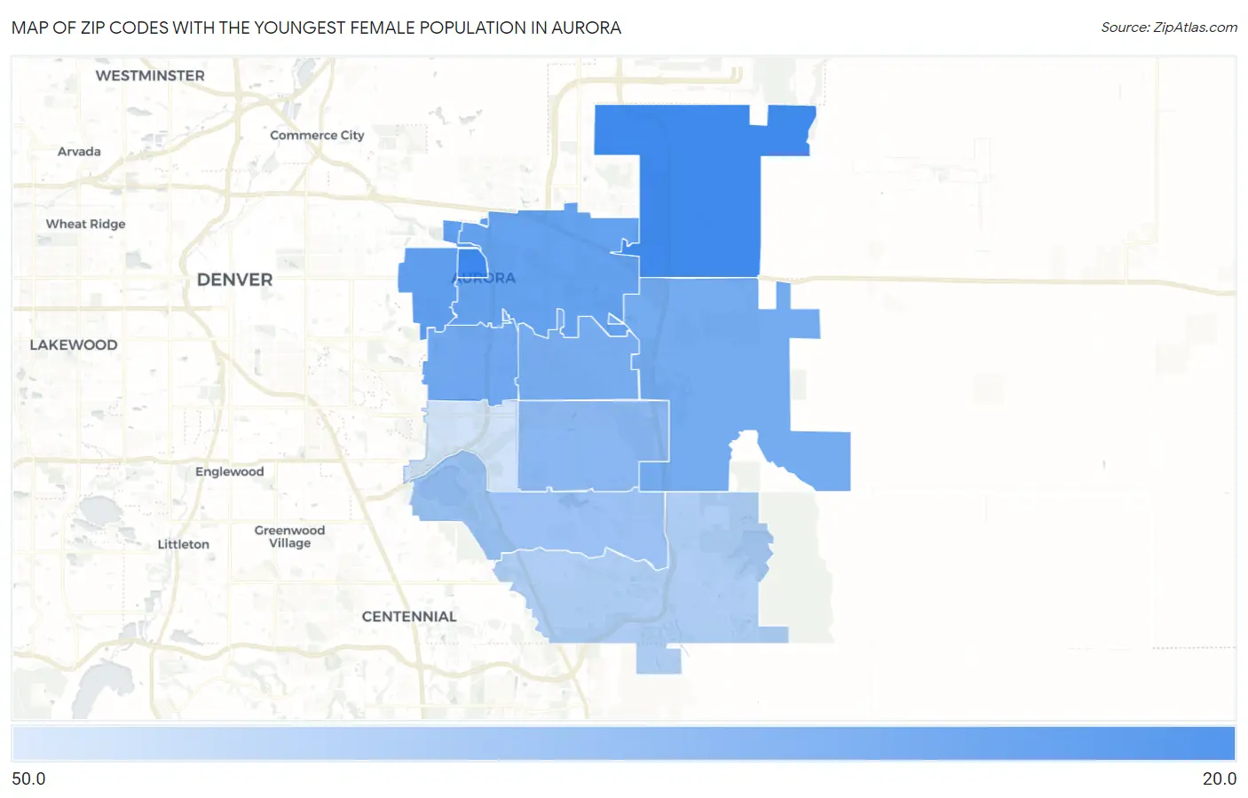 Zip Codes with the Youngest Female Population in Aurora Map