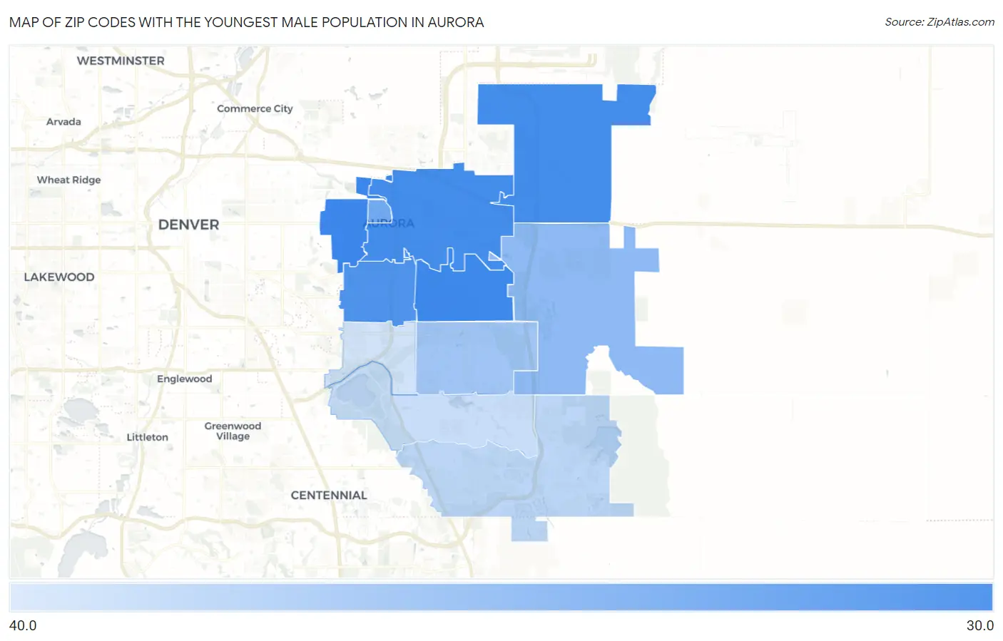 Zip Codes with the Youngest Male Population in Aurora Map