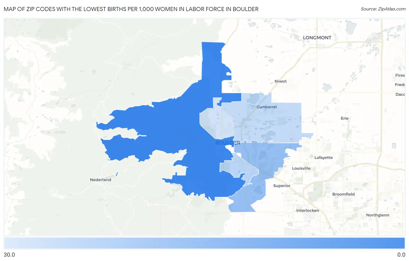 Zip Codes with the Lowest Births per 1,000 Women in Labor Force in Boulder Map