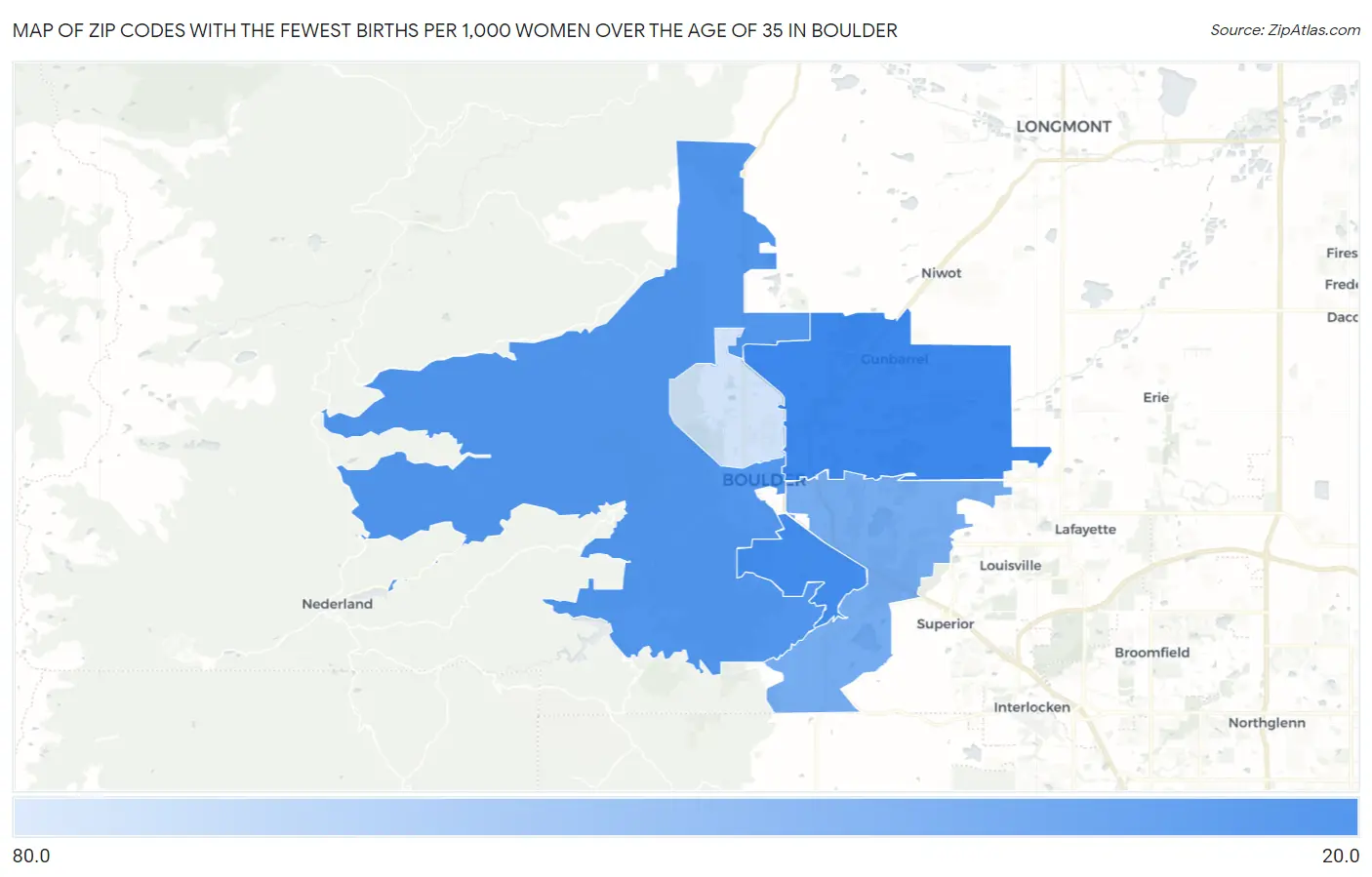 Zip Codes with the Fewest Births per 1,000 Women Over the Age of 35 in Boulder Map