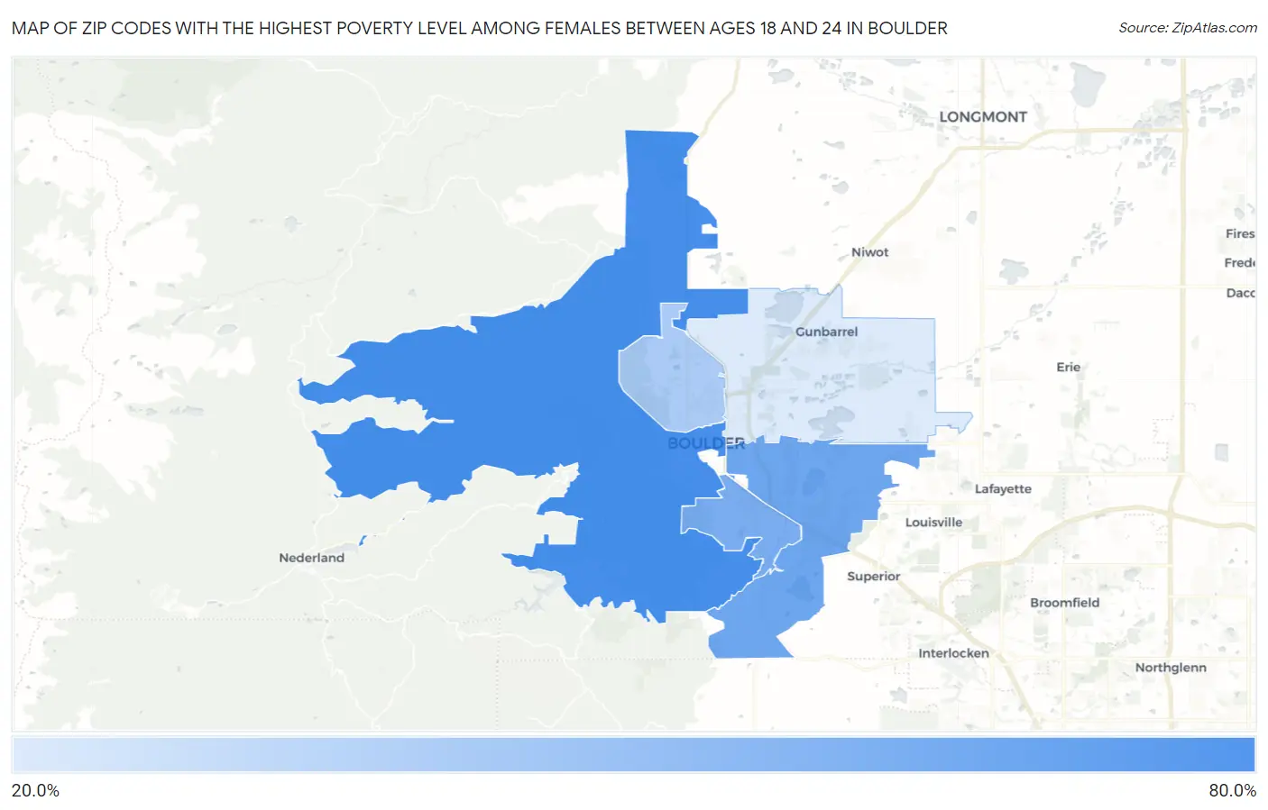 Zip Codes with the Highest Poverty Level Among Females Between Ages 18 and 24 in Boulder Map