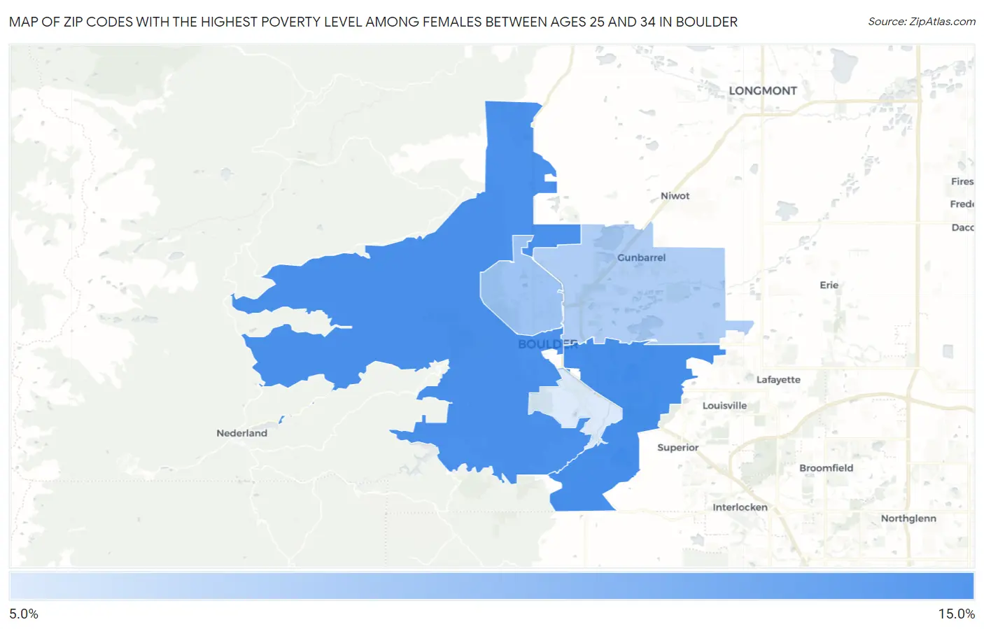 Zip Codes with the Highest Poverty Level Among Females Between Ages 25 and 34 in Boulder Map