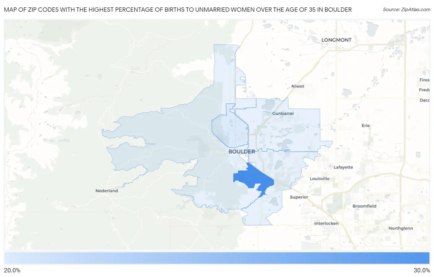 Zip Codes with the Highest Percentage of Births to Unmarried Women over the Age of 35 in Boulder Map