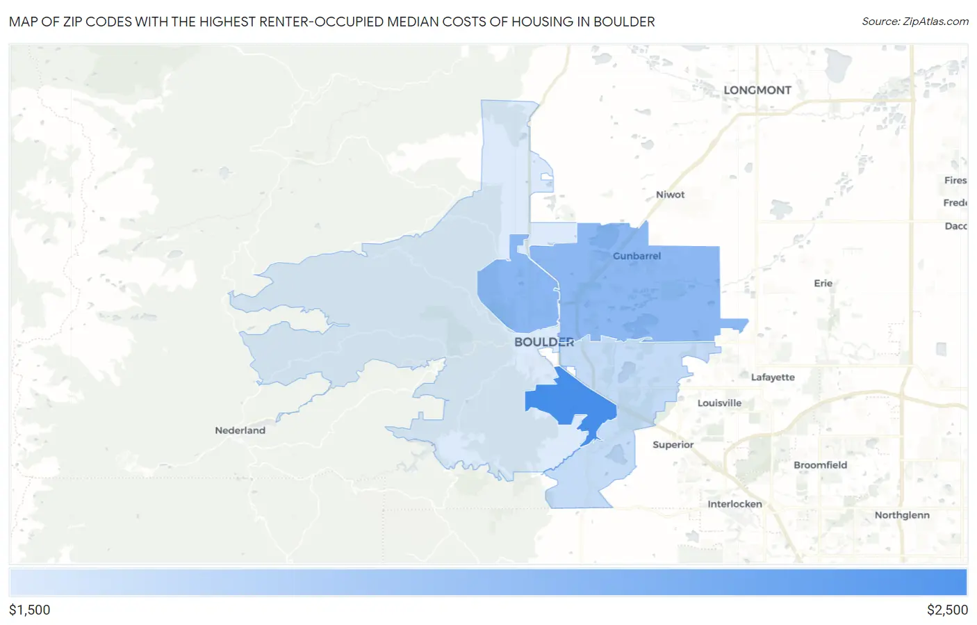 Zip Codes with the Highest Renter-Occupied Median Costs of Housing in Boulder Map