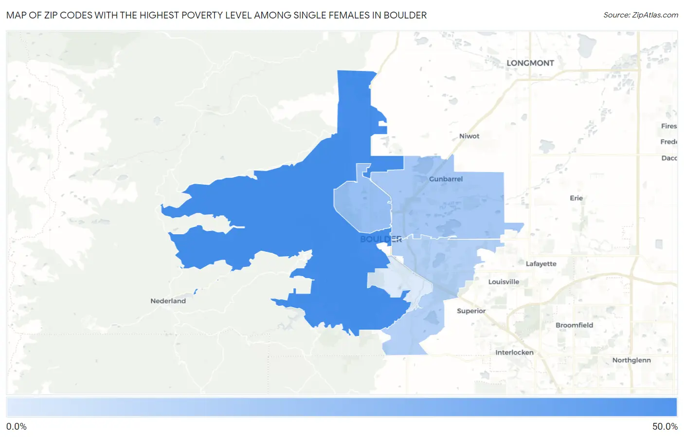 Zip Codes with the Highest Poverty Level Among Single Females in Boulder Map