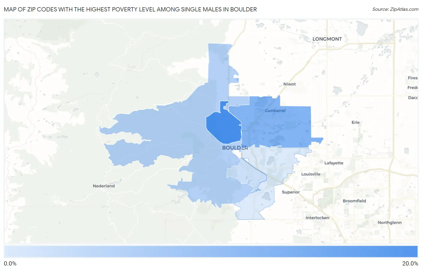 Zip Codes with the Highest Poverty Level Among Single Males in Boulder Map