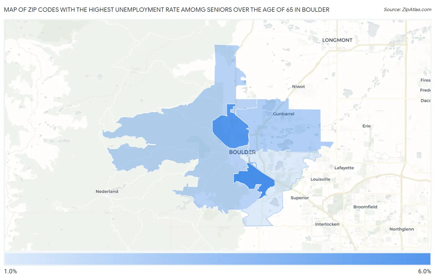 Zip Codes with the Highest Unemployment Rate Amomg Seniors Over the Age of 65 in Boulder Map