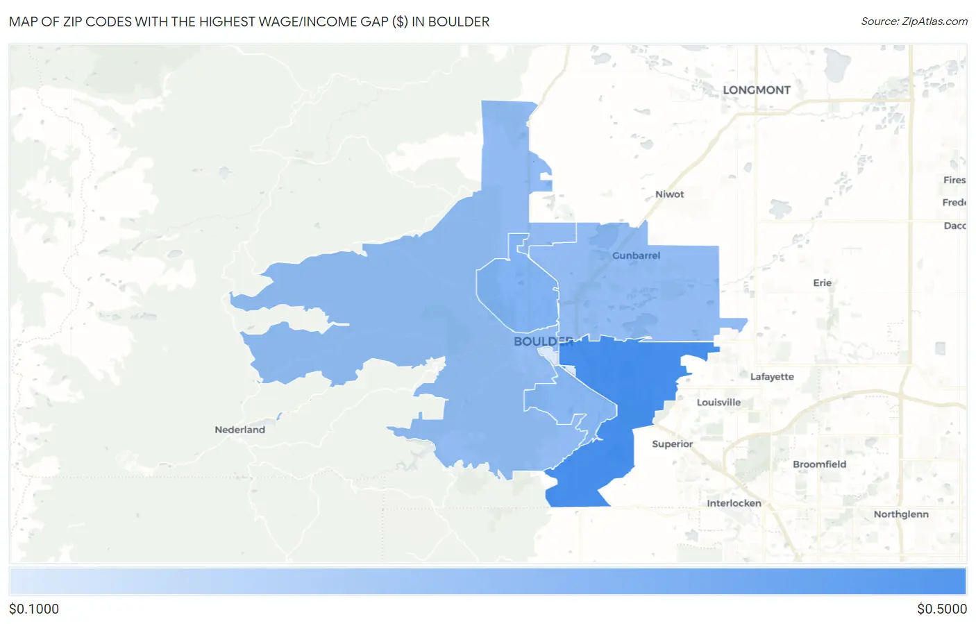 Zip Codes with the Highest Wage/Income Gap ($) in Boulder Map