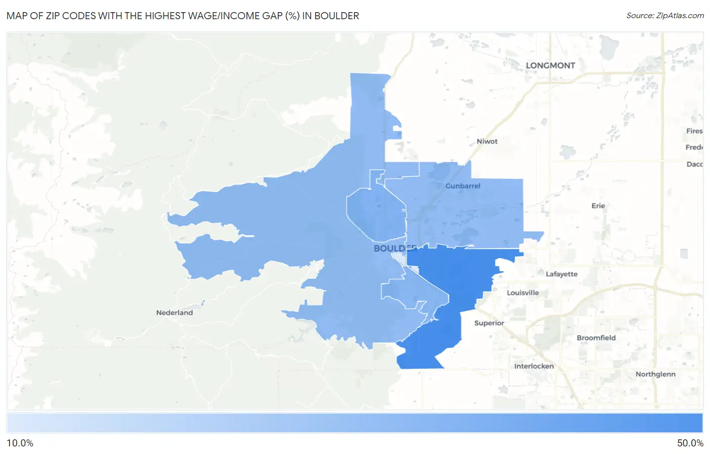 Zip Codes with the Highest Wage/Income Gap (%) in Boulder Map