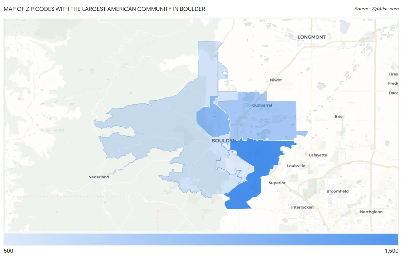 Zip Codes with the Largest American Community in Boulder Map