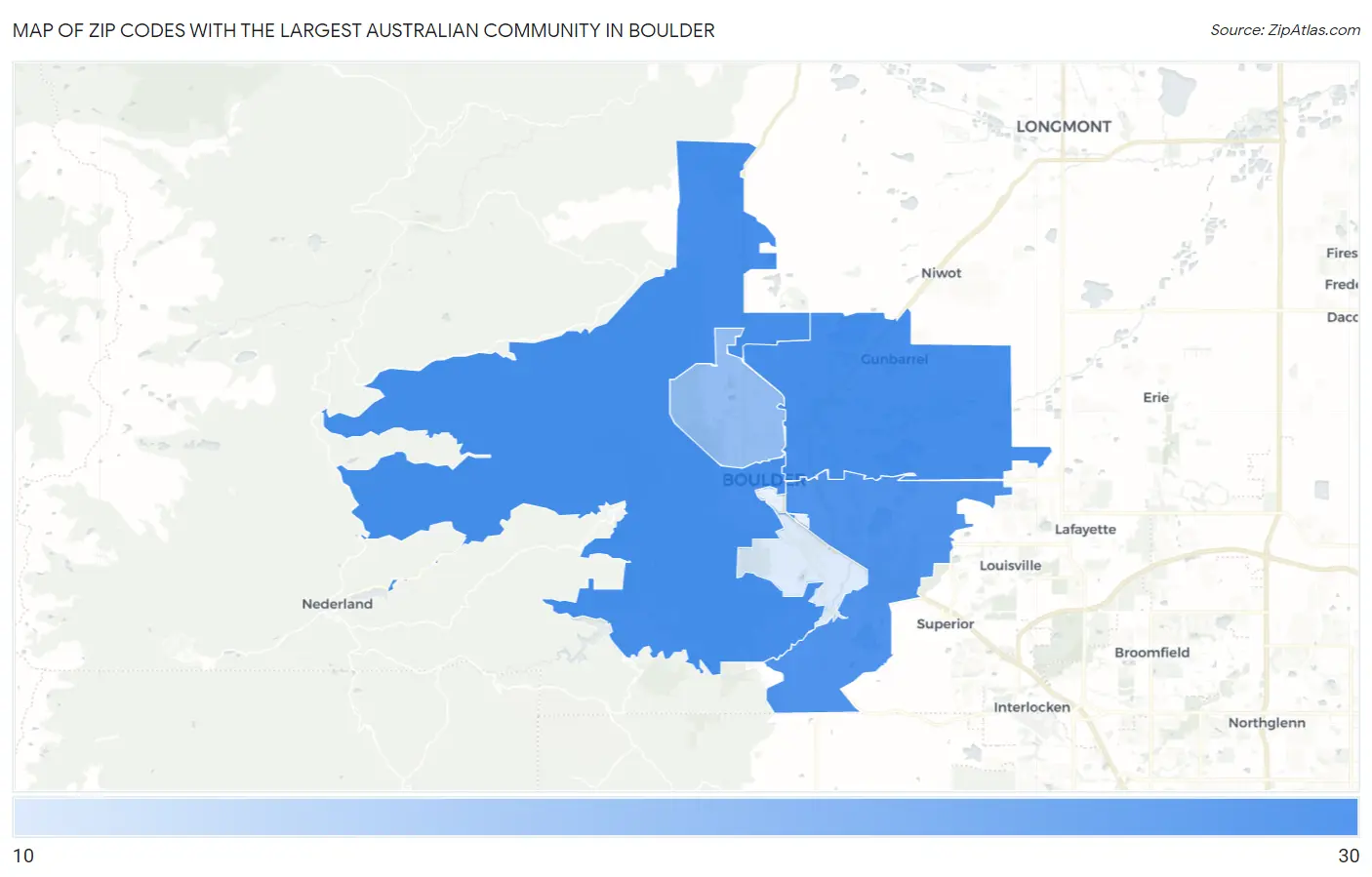 Zip Codes with the Largest Australian Community in Boulder Map