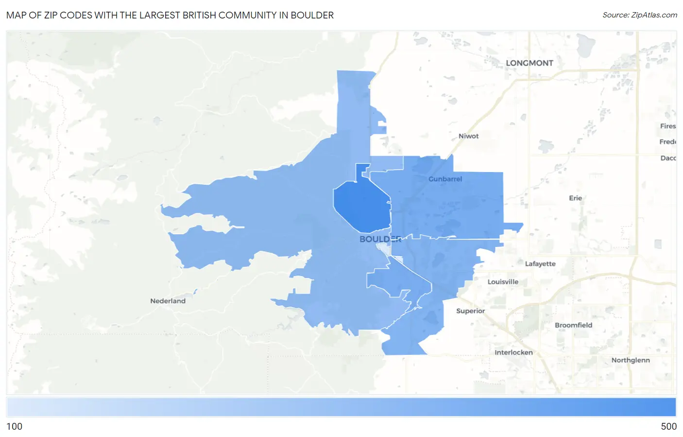 Zip Codes with the Largest British Community in Boulder Map