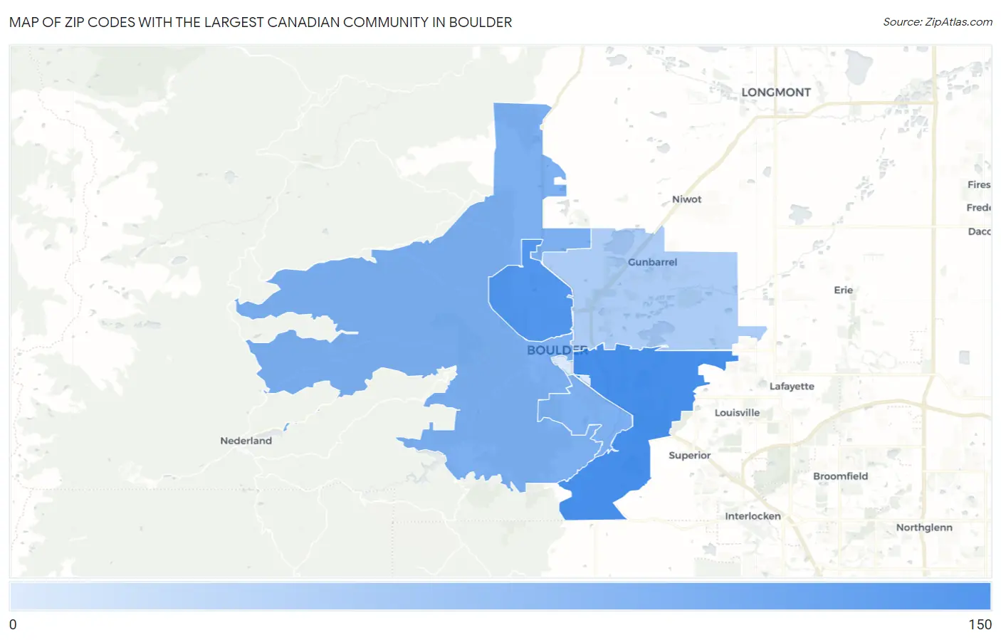 Zip Codes with the Largest Canadian Community in Boulder Map