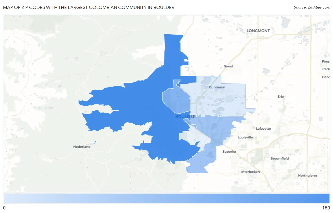 Zip Codes with the Largest Colombian Community in Boulder Map