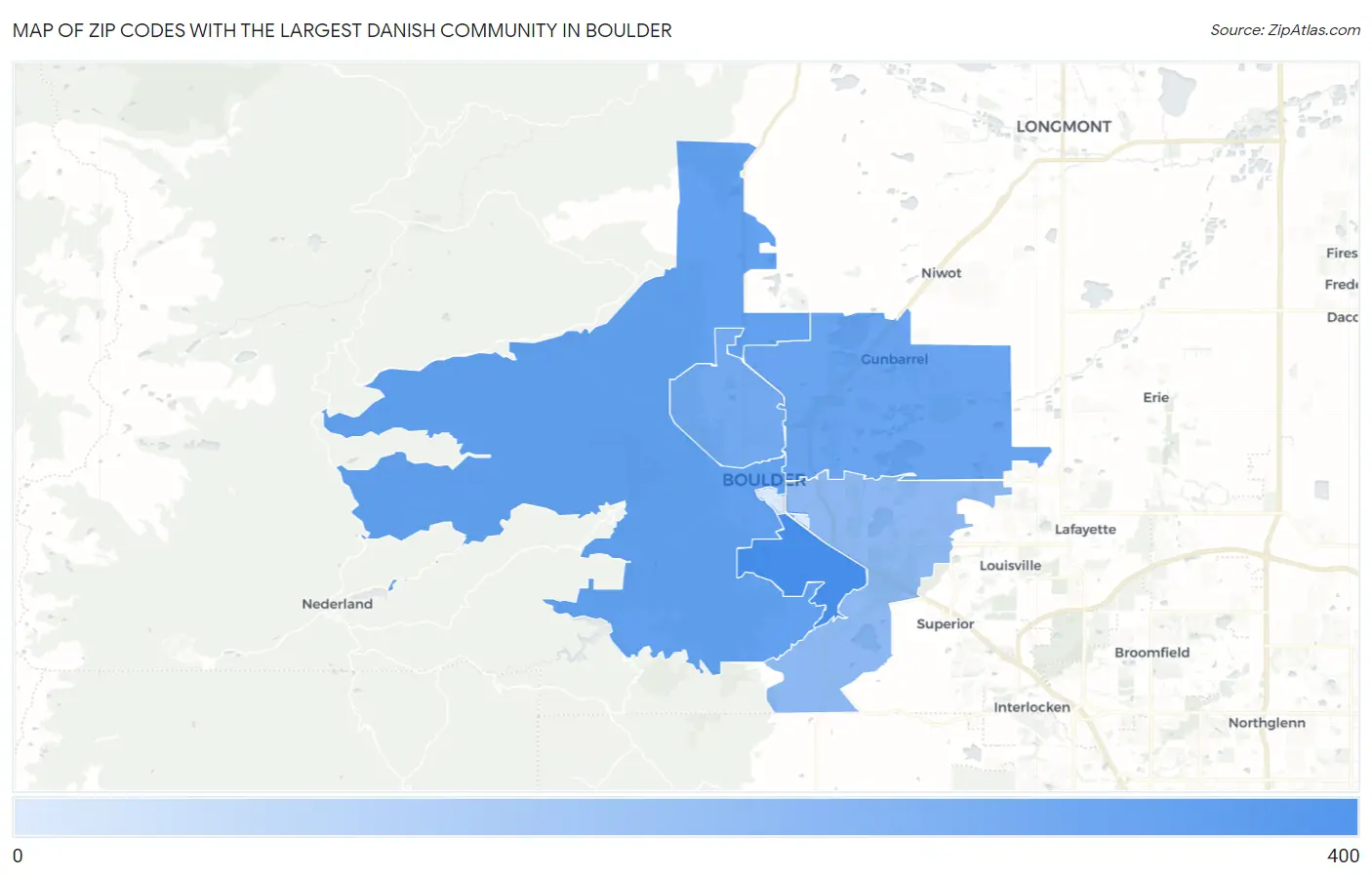 Zip Codes with the Largest Danish Community in Boulder Map