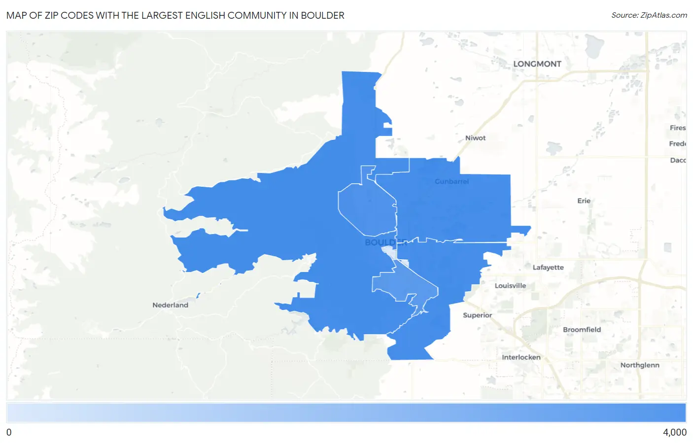 Zip Codes with the Largest English Community in Boulder Map