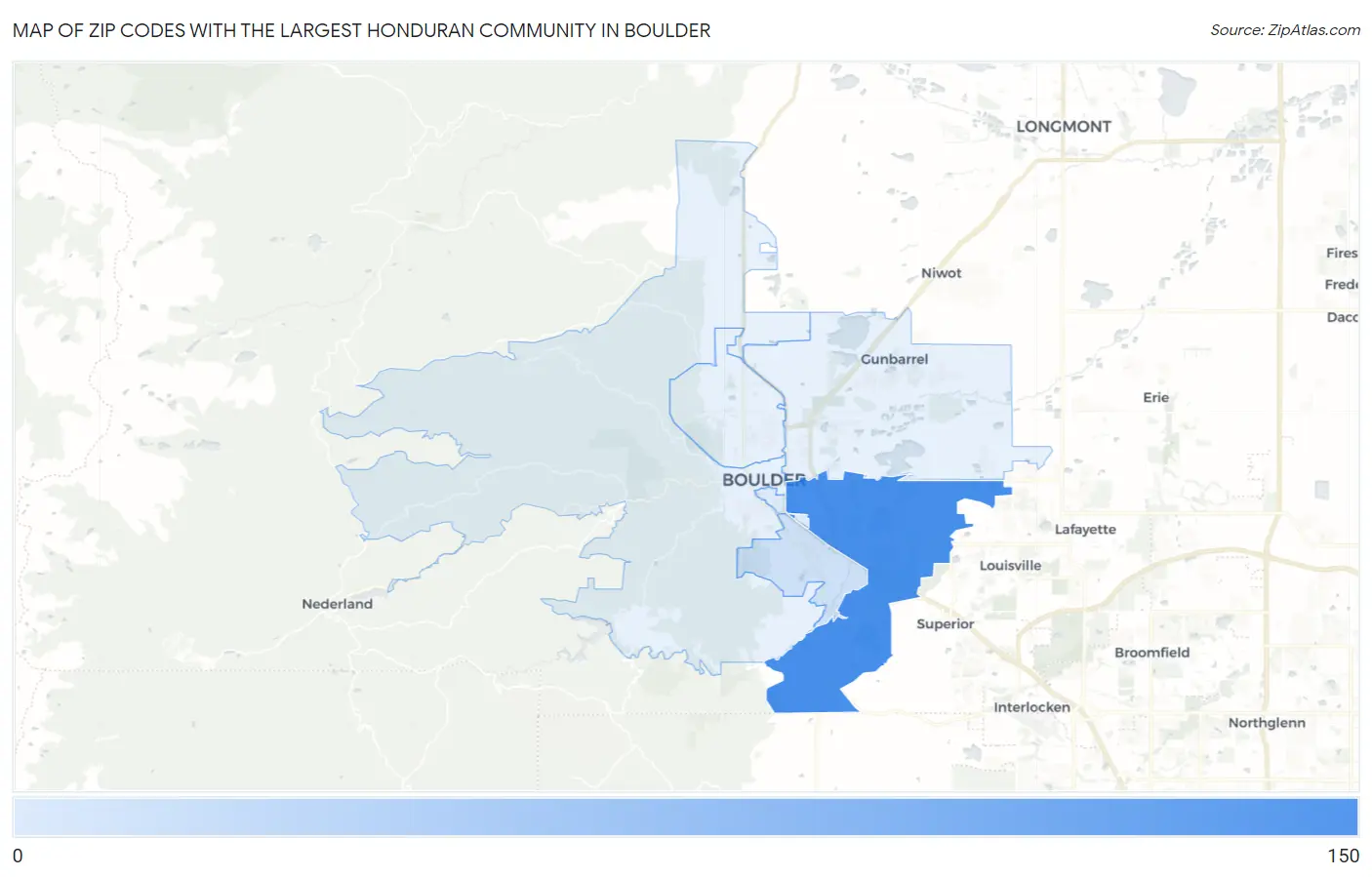Zip Codes with the Largest Honduran Community in Boulder Map