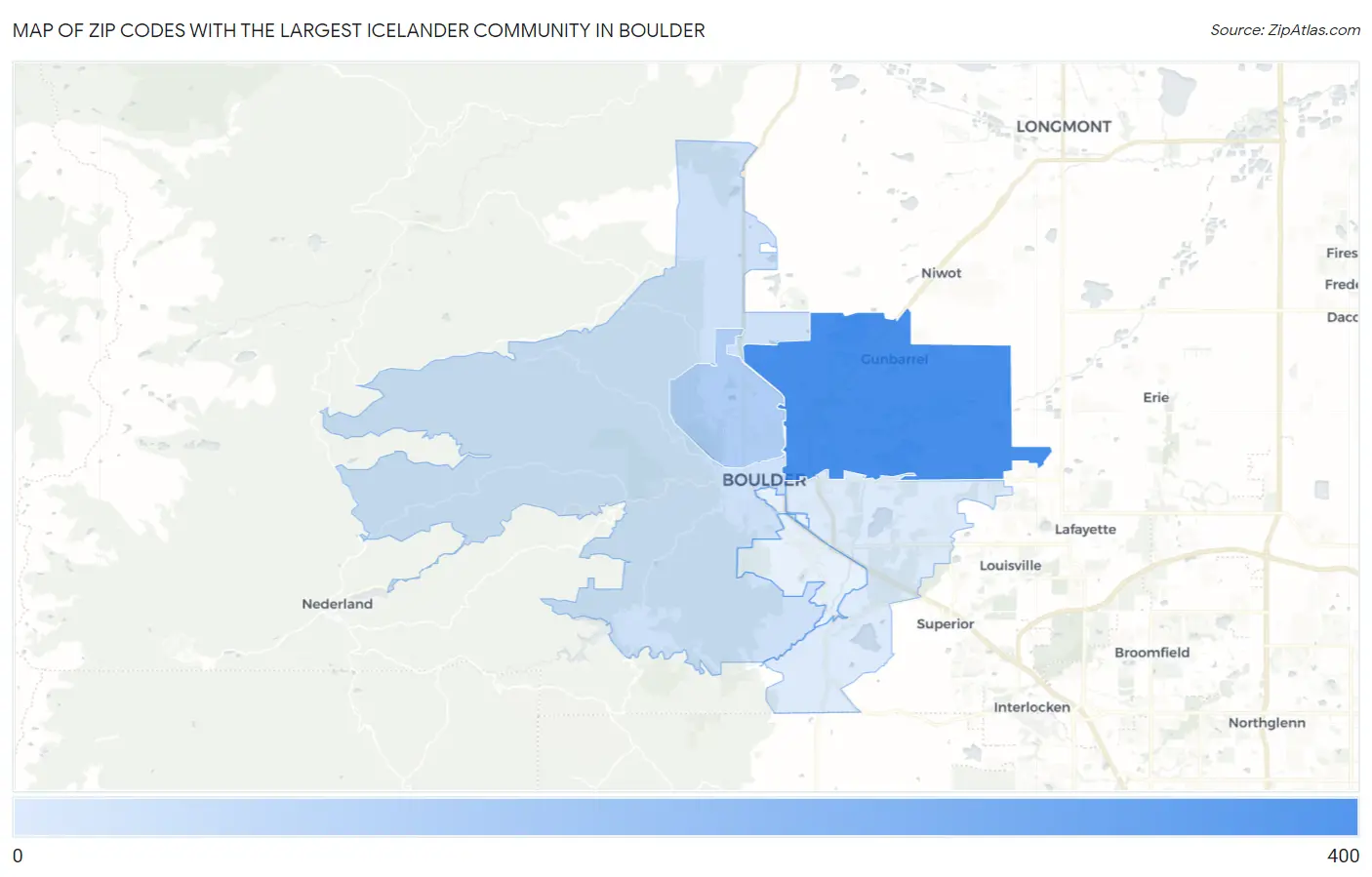 Zip Codes with the Largest Icelander Community in Boulder Map
