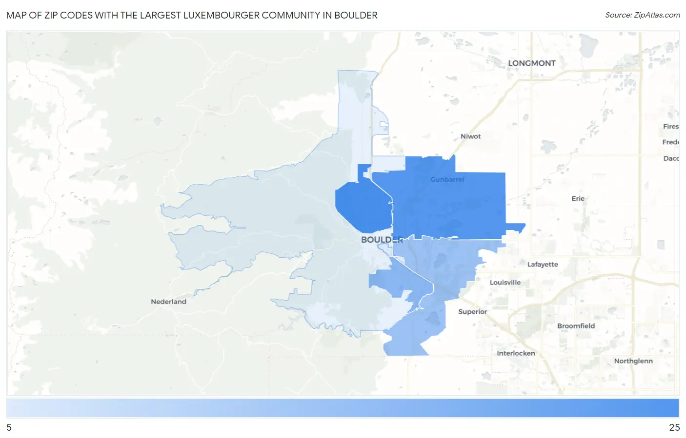 Zip Codes with the Largest Luxembourger Community in Boulder Map
