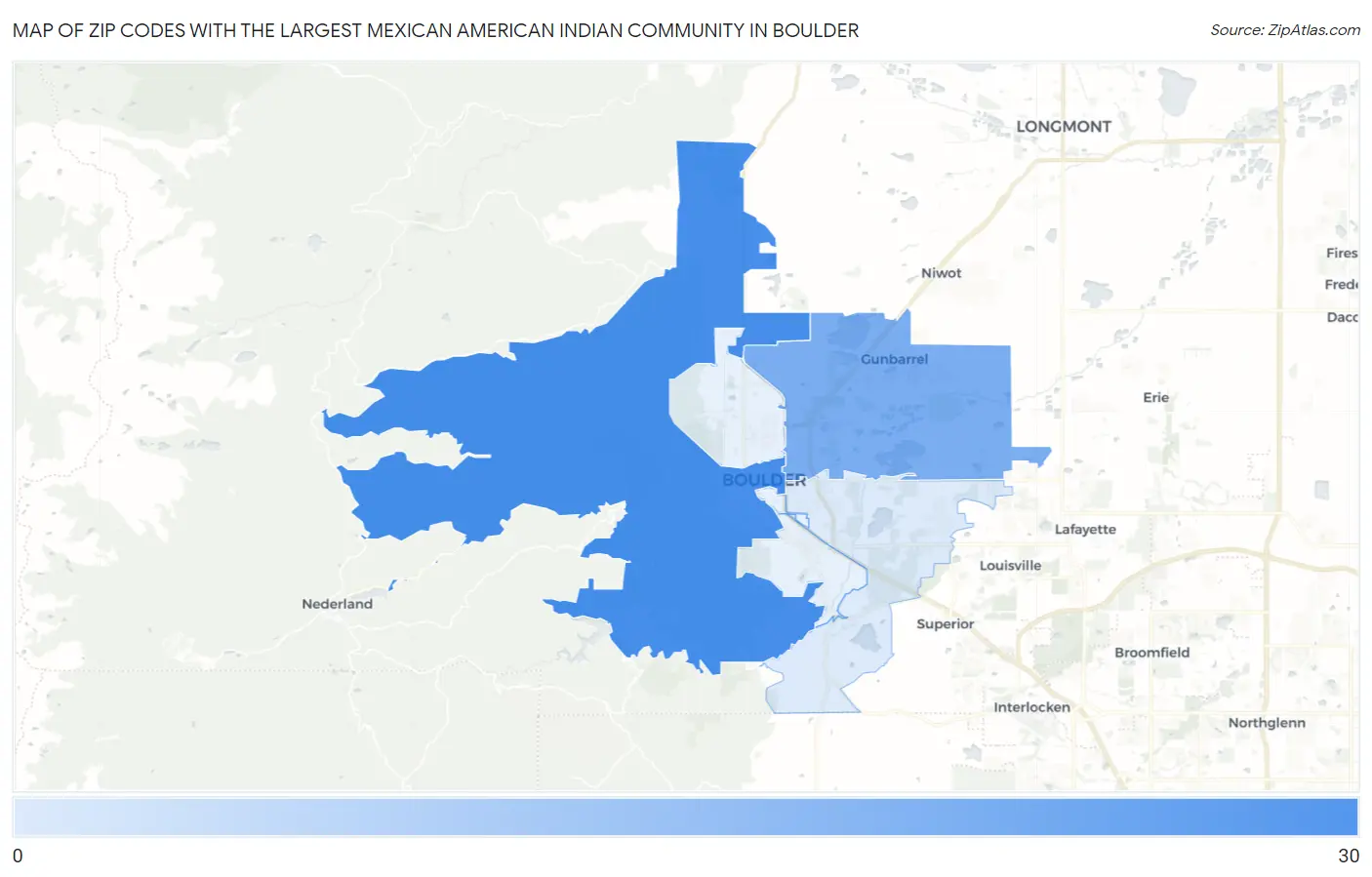 Zip Codes with the Largest Mexican American Indian Community in Boulder Map