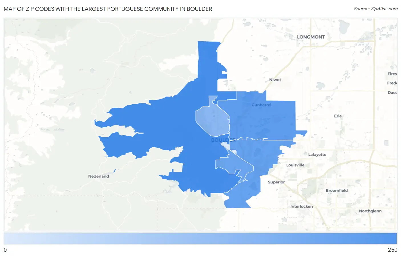 Zip Codes with the Largest Portuguese Community in Boulder Map