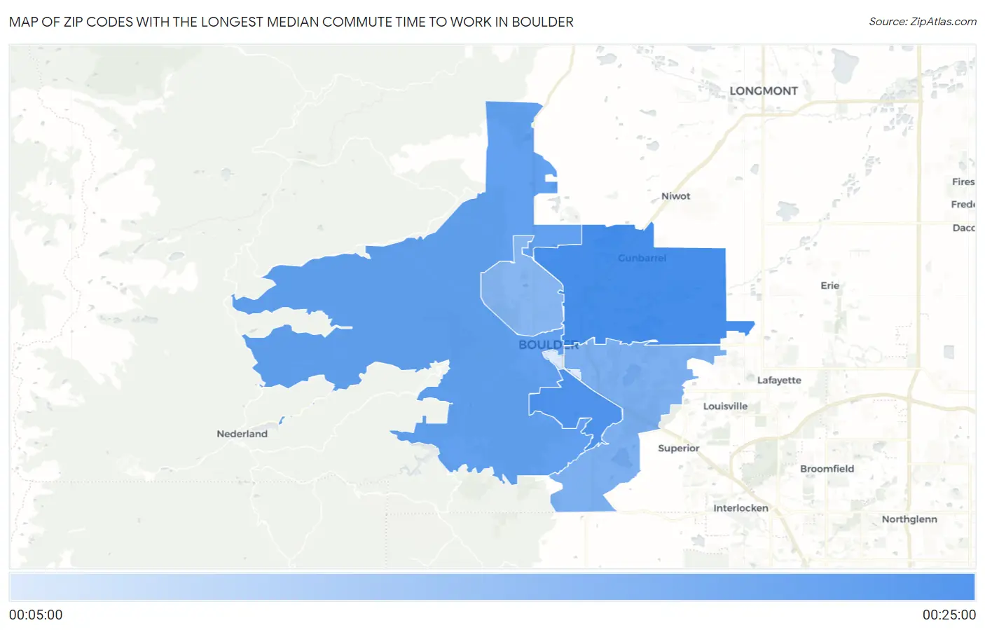 Zip Codes with the Longest Median Commute Time to Work in Boulder Map