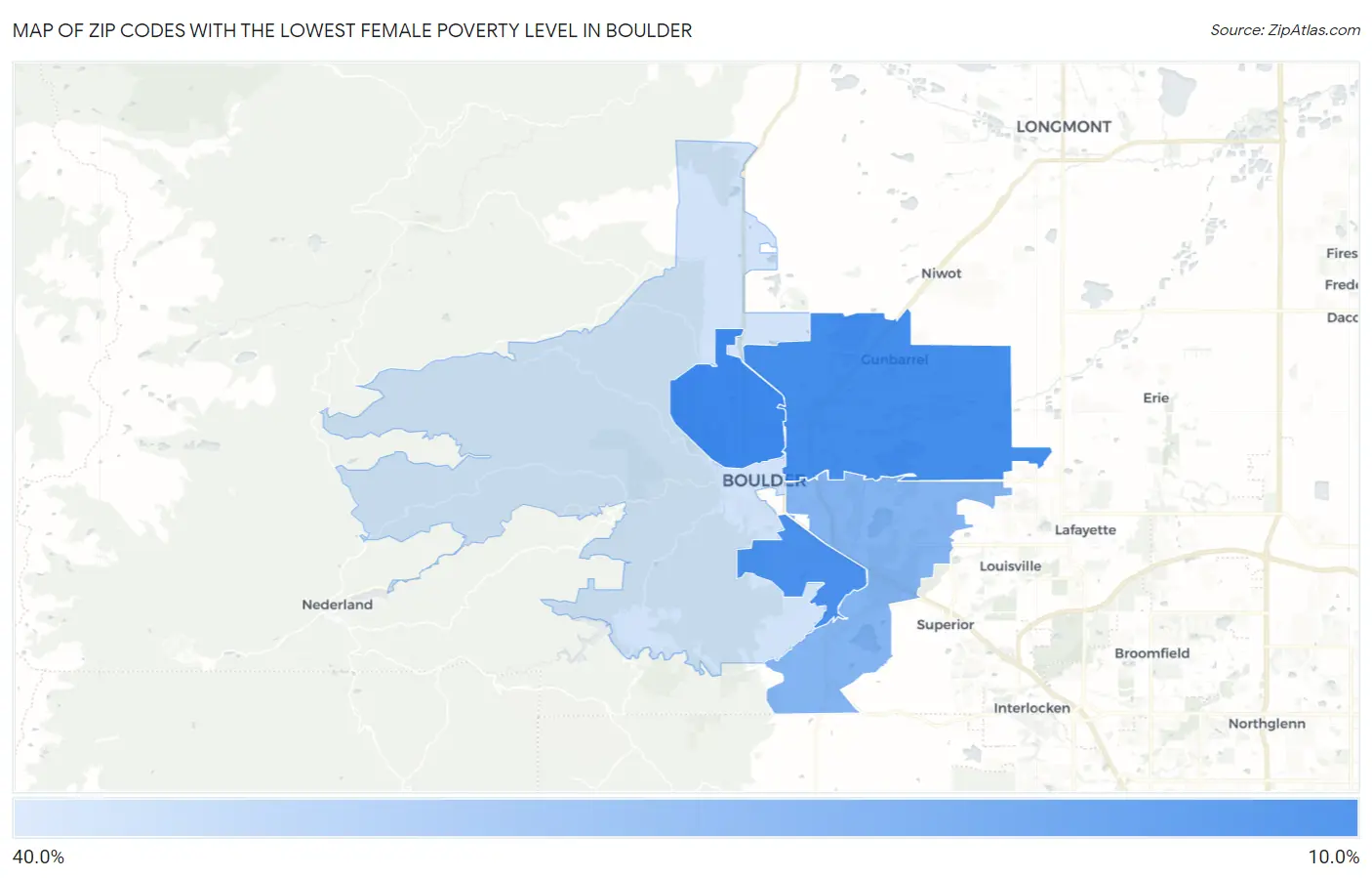 Zip Codes with the Lowest Female Poverty Level in Boulder Map