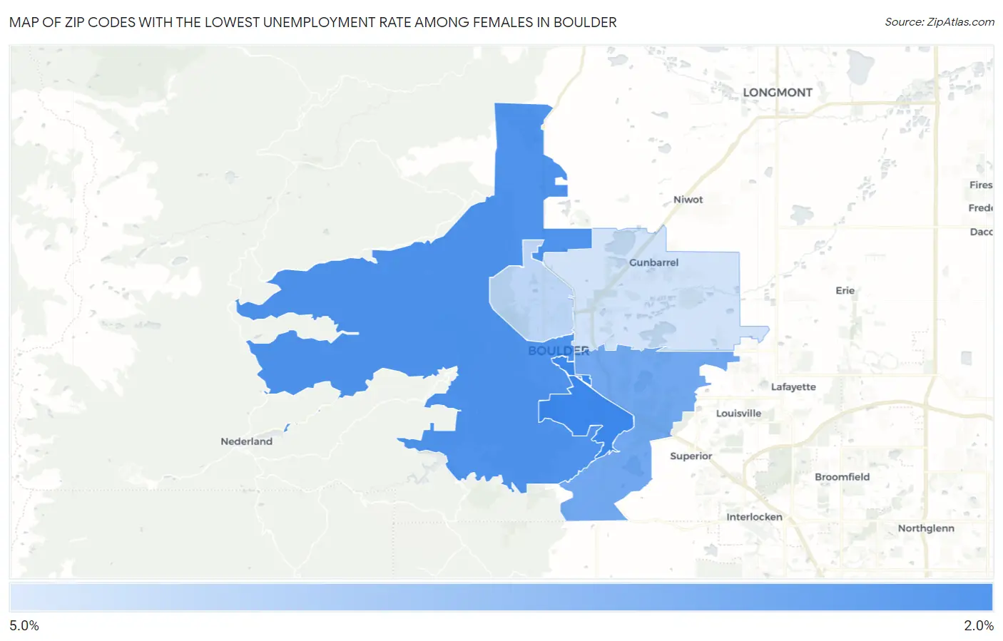 Zip Codes with the Lowest Unemployment Rate Among Females in Boulder Map