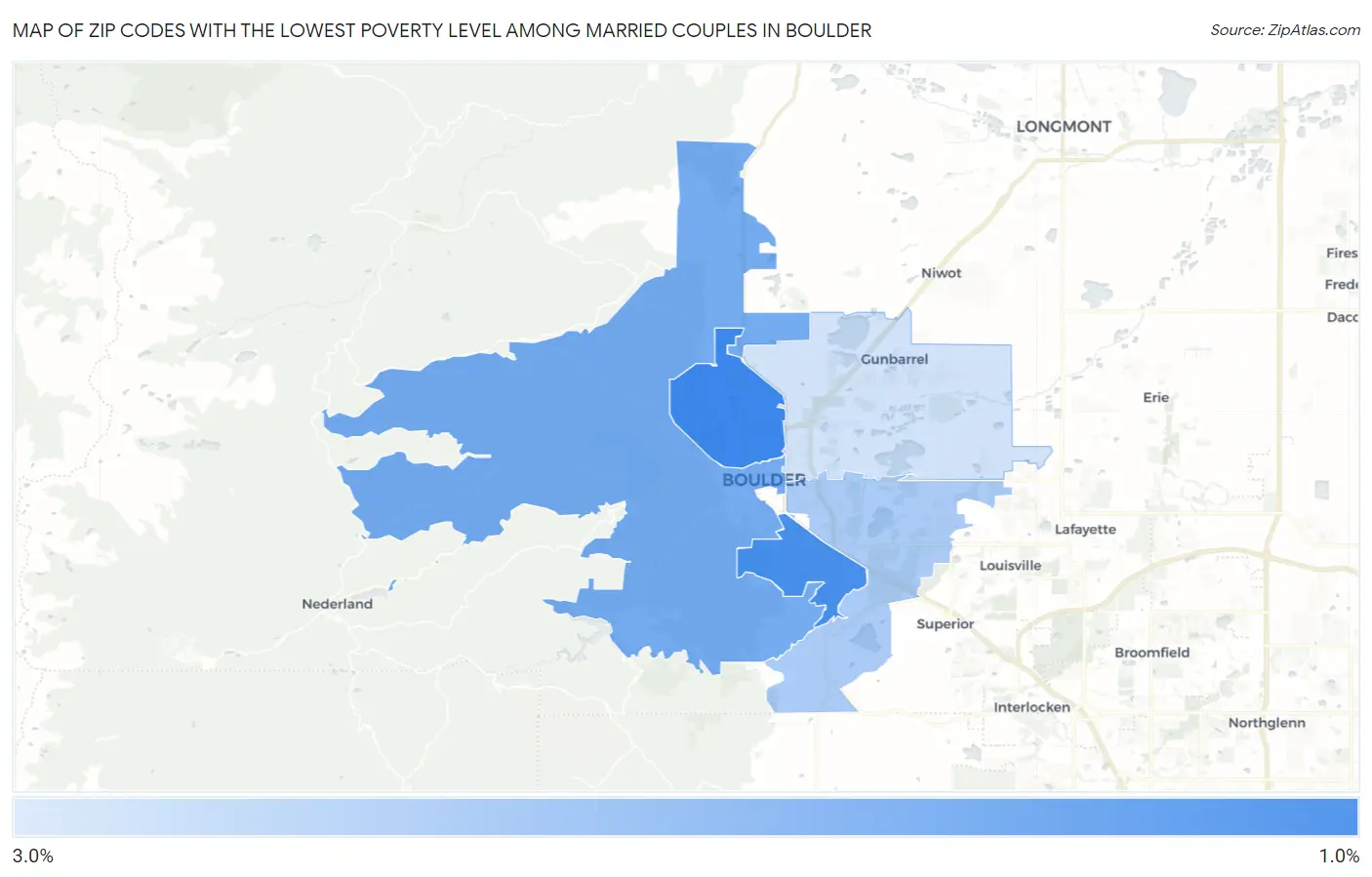 Zip Codes with the Lowest Poverty Level Among Married Couples in Boulder Map