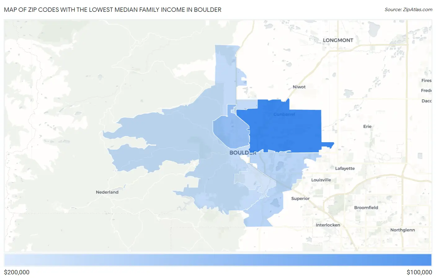 Zip Codes with the Lowest Median Family Income in Boulder Map
