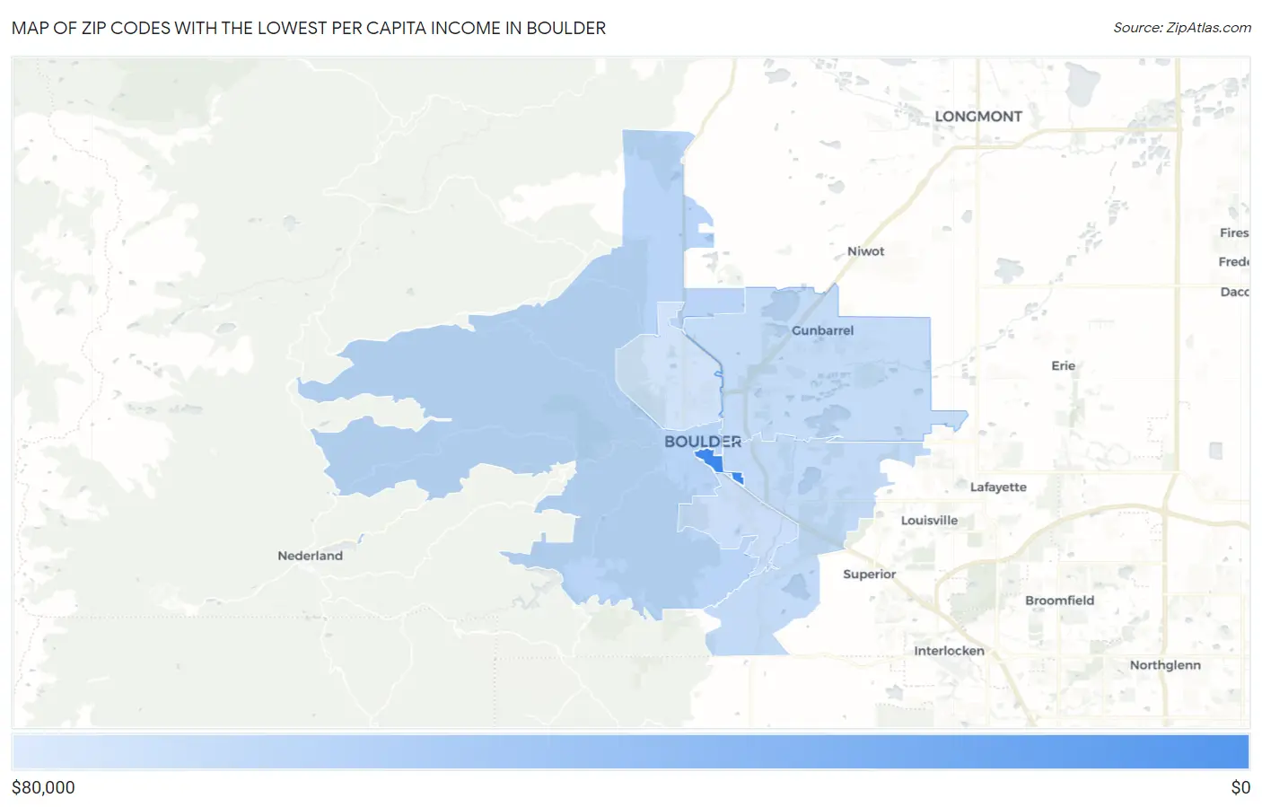 Zip Codes with the Lowest Per Capita Income in Boulder Map