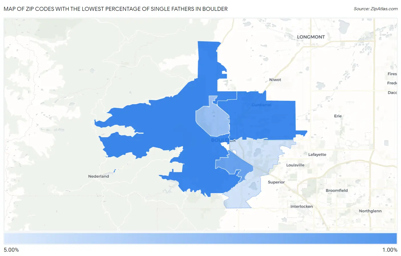 Zip Codes with the Lowest Percentage of Single Fathers in Boulder Map